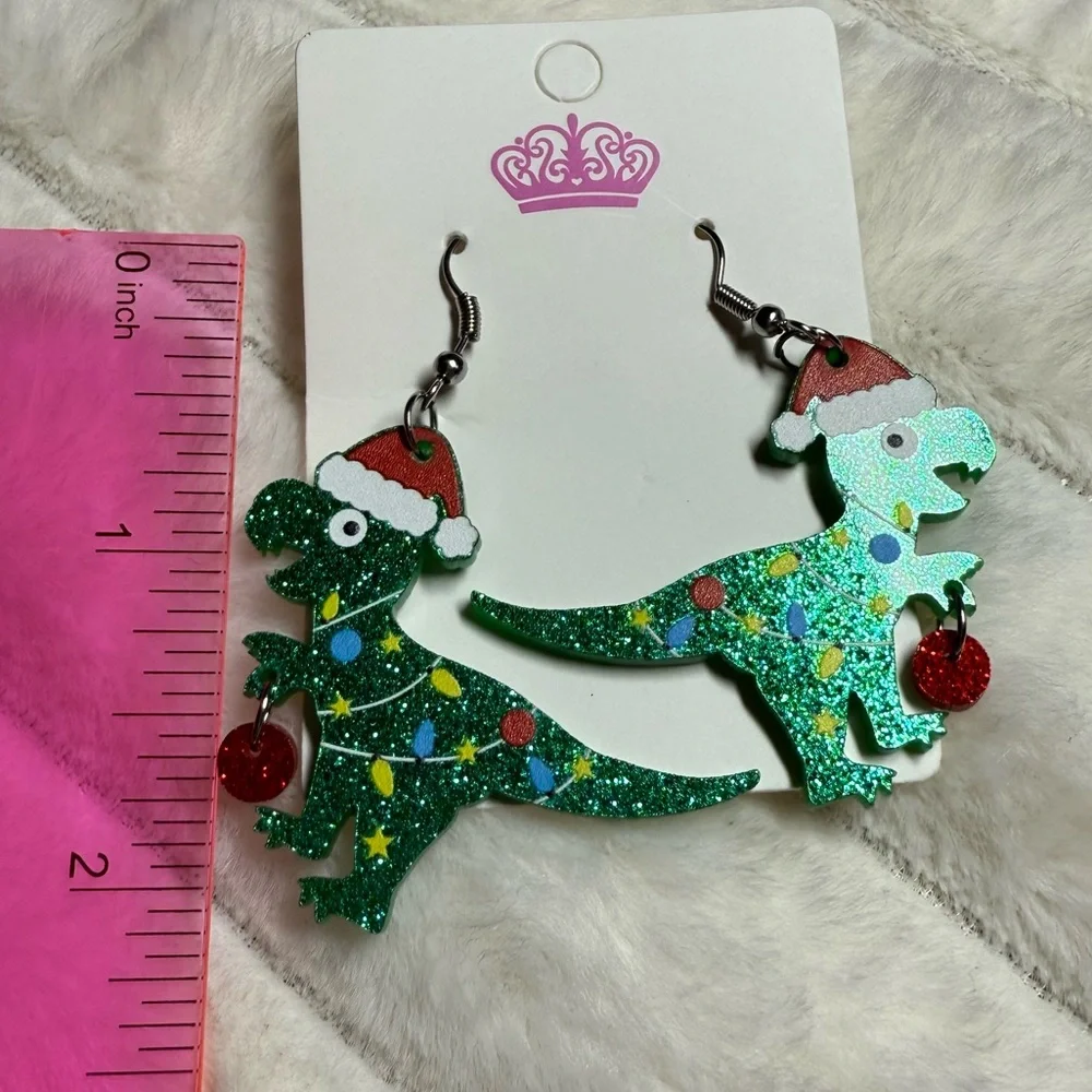 Glitter dinosaur 🦖 Christmas earrings - Picture 3 of 4